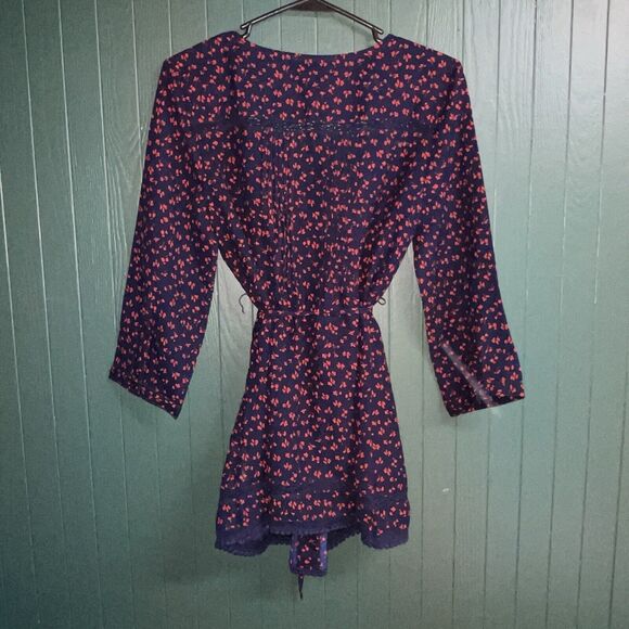 A Pea In The Pod Floral Navy Blue Blouse Top With Tie Belt Maternity Tunic Sz M - Picture 3 of 9